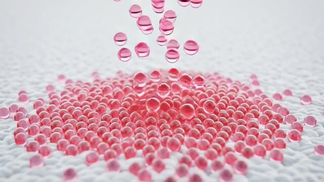 3D Microscopic View of Pink Scent Booster Beads Falling onto Fabric Texture
