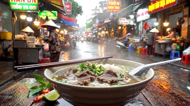 A steaming, authentic bowl of beef Pho on a rustic table in a vibrant, rain-slicked narrow Hanoi alley.