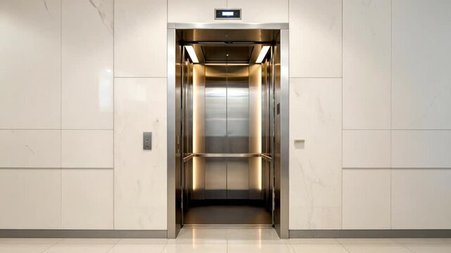 Modern elevator with stainless steel doors and marble wall panels, providing access.