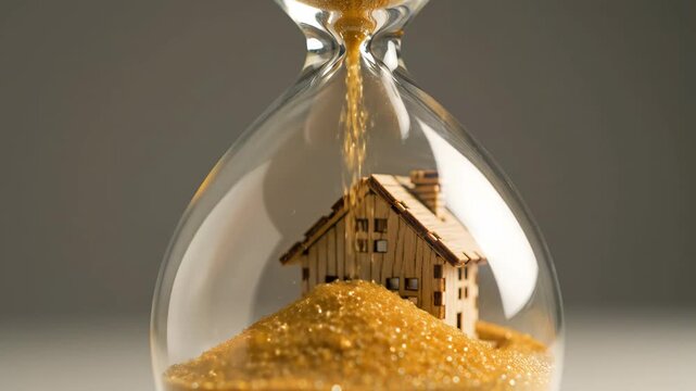 Golden sand falling through glass hourglass covering a miniature wooden house symbol of time