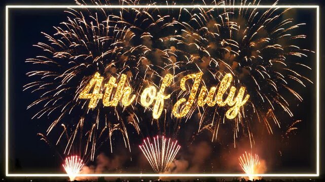 Gold 4th of july text overlay on a vibrant fireworks display in the night sky with a white border around the image