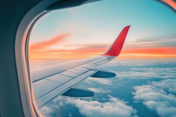 Fototapeta premium aircraft wing extends out from the window as it flies above fluffy clouds. sky shows bright colors of sunset with shades of orange and blue