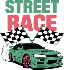 Green sports car with checkered flags and street race text