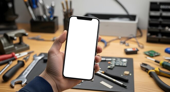 A person holds a smartphone with a white screen in a cluttered workshop with various tools.