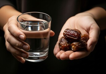 Hands holding a glass of pure water and several shiny dates, symbolizing hydration and nourishment, often for Iftar.