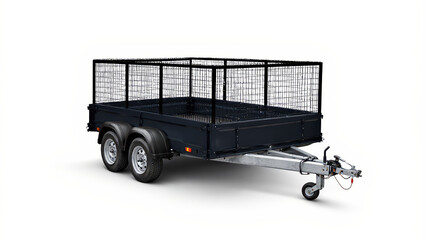 Heavy-duty black tandem axle open utility trailer with high mesh cage sides, isolated on a white background, designed for construction, landscaping, waste transport, and professional outdoor use.