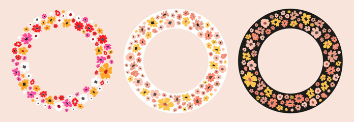 Trendy color flower frames set. Circle floral border with empty space