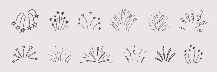 Doodle simple firework collection. Stars, sparks, lightnings, explosions