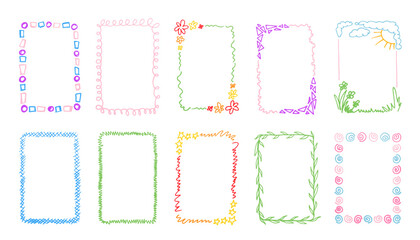 Hand drawn rectangle frames collection. Colorful borders with doodle scribbles. Funny crayon frame vector set