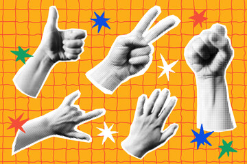 Halftone hand collage elements collection. Gesture signs and funky stars creative design template.