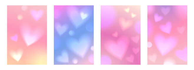 Trendy cover set with soft blurred hearts. Poster template for Valentine's Day or wedding