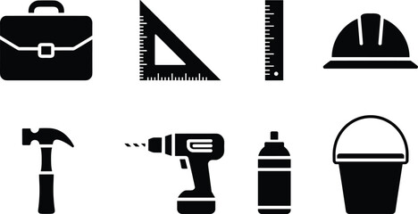 Black and white construction and office tools set