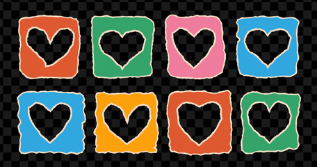 Cutout heart frame set. Valentine`s day scrapbook design elements.  Love paper pieces with torn edges.