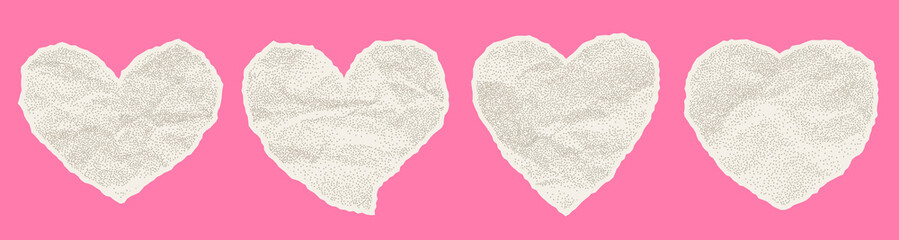 Cutout hearts with crumpled paper texture. Valentine`s day design elements.