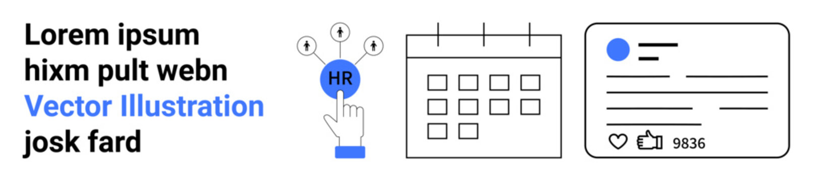 Human resources, employee management, workforce organization, job applications, scheduling, profile analytics. A hand pointing to HR icon, calendar and profile card. Human resources and employee
