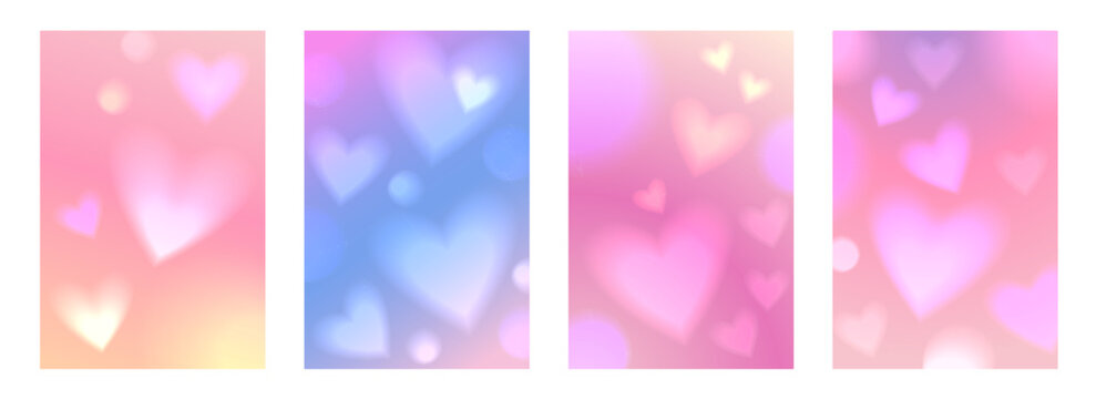 Trendy cover set with soft blurred hearts. Poster template for Valentine's Day or wedding