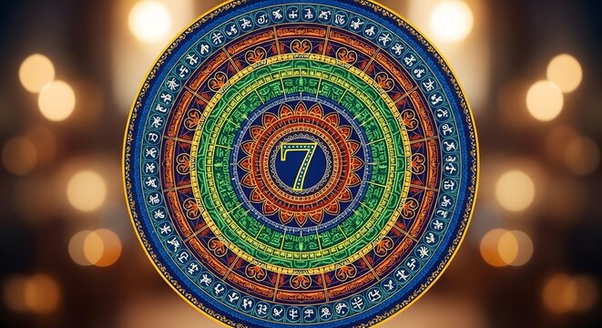 Mystical mandala featuring the number seven with vibrant colors and ancient symbols