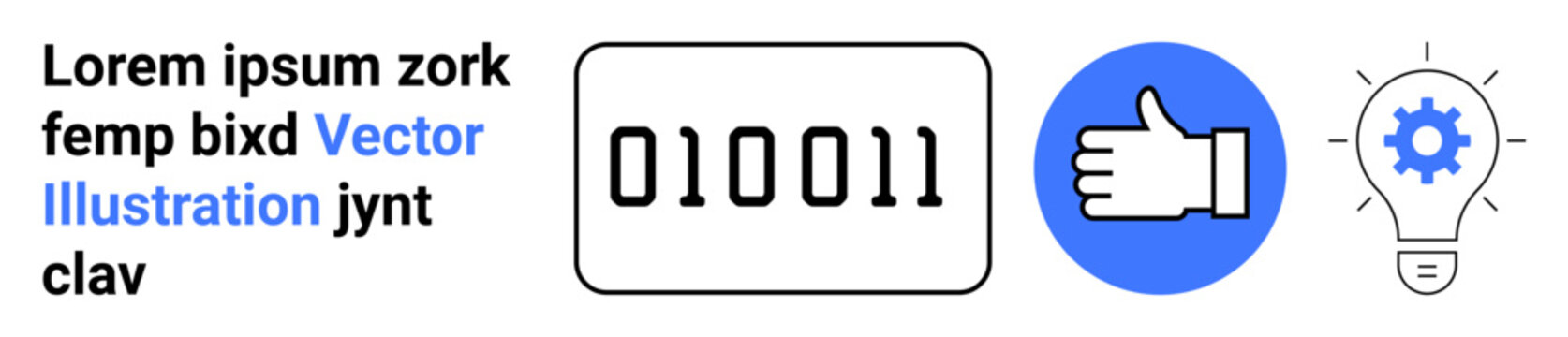 Technology, innovation, digital communication, approval systems, coding, management. Binary digits, thumbs up icon and light bulb with a gear. Technology and innovation