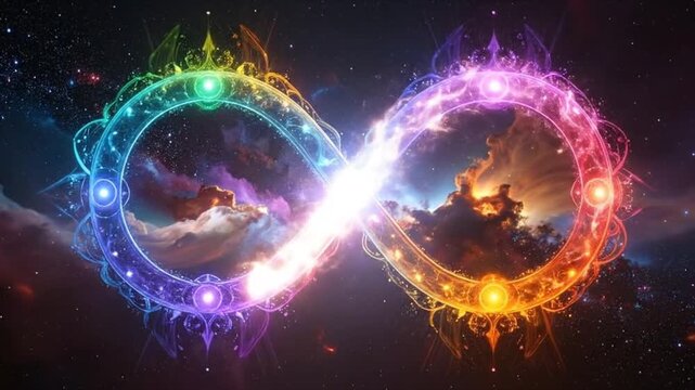 Vibrant infinity symbol glows against a backdrop of cosmic clouds and stars.