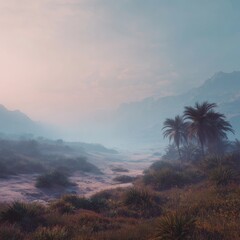 Misty tropical coastal landscape at pastel sunrise with sand dunes, palm trees and distant mountains, serene atmospheric © Femke