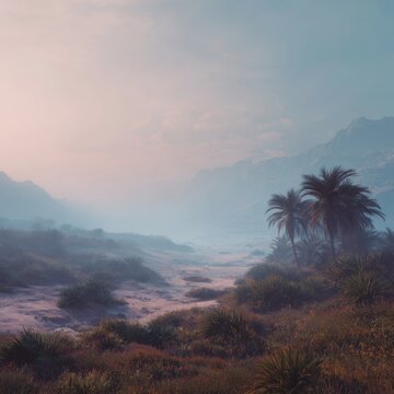 Misty tropical coastal landscape at pastel sunrise with sand dunes, palm trees and distant mountains, serene atmospheric
