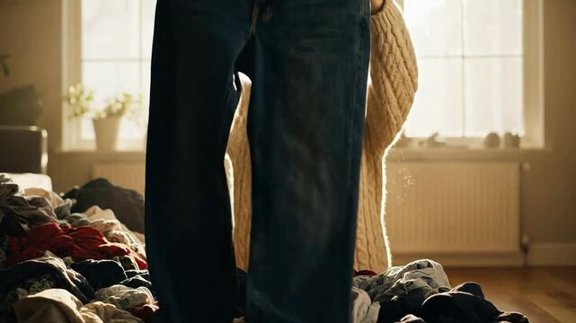 Young woman sorting laundry in a cozy room with a pile of clothes and a denim bag sorting clothes