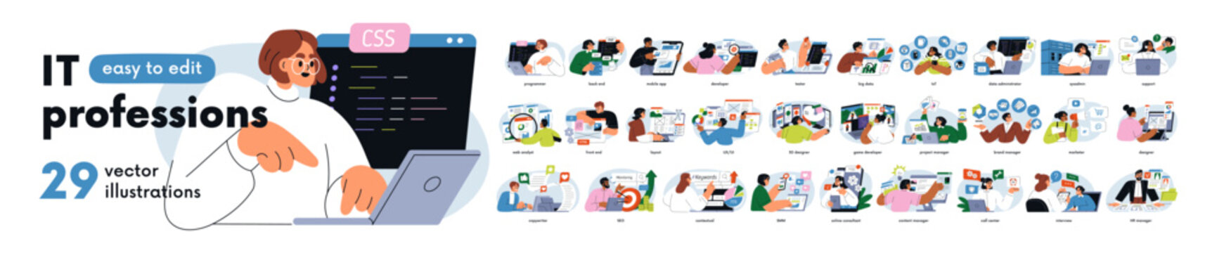 IT professions set. Software developer, 3d and web designer, programmer, marketer, smm. Information technology business, internet work. Flat graphic vector illustrations isolated on white background