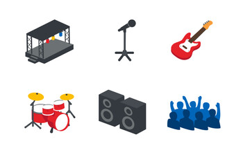 Fototapeta premium Isometric concert performance icons showing stage platform, microphone stand, electric guitar, drum kit, speaker cabinets, and cheering audience crowd