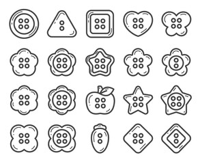 Cute clothing button set. Monochrome illustrations of sewing fasteners in various shapes, suitable for crafts, fashion design, and decorative projects. Vector 10 EPS.