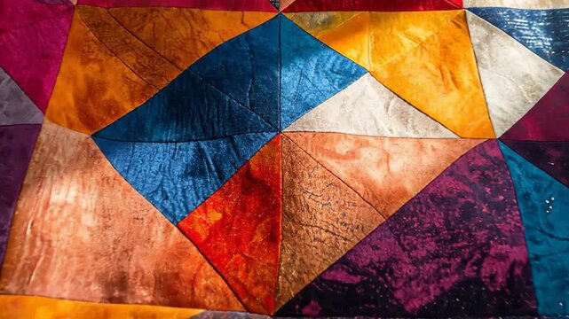 Vibrant patchwork quilt featuring a geometric design with colorful triangles and squares.