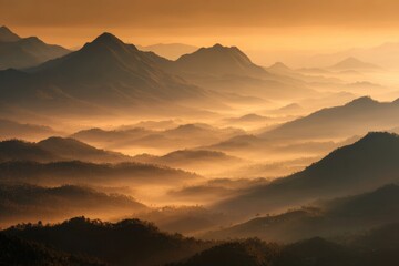 Surreal mountain landscape at sunrise, layered mist in the valleys, warm golden light touching the peaks, tranquil and timeless feeling, minimal composition, fine art landscape 
