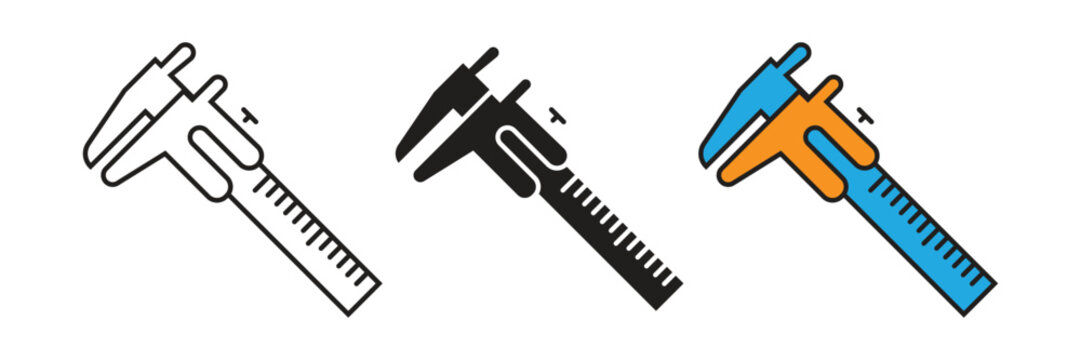 Vernier caliper icons representing precision measurement tools for engineering, metalworking, and technical drafting in outline, glyph, and colorful vector formats.