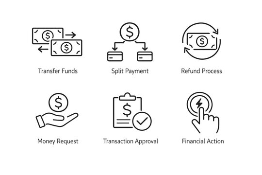 Minimal line icon set illustrating digital finance actions including transfer funds, split payment, refund process, money request, approval, and tap
