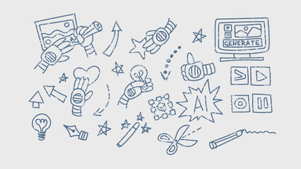 Set of doodle icon elements. Ai interface retro style illustration