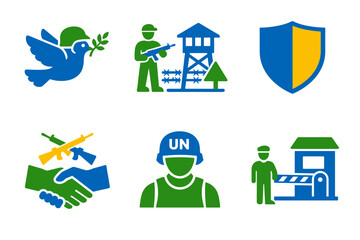 Fototapeta premium Vector icons illustrating peace and security concepts with dove, armed guard, watchtower, handshake, peacekeeper helmet, checkpoint booth, and shield