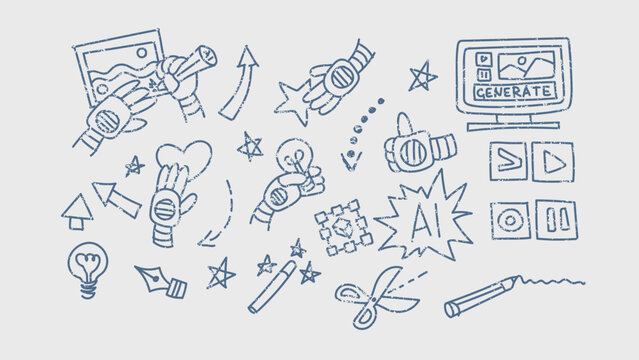 Set of doodle icon elements. Ai interface retro style illustration