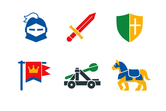 Colorful medieval fantasy icons set featuring a knight helmet, sword, shield with cross, royal banner, siege catapult, and armored horse illustration
