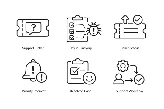 Customer support ticketing icon set featuring support ticket, issue tracking, ticket status, priority request, resolved case, and workflow symbols