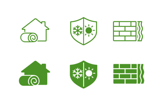 Green line icons showing home insulation roll, thermal shield with sun and snowflake, and brick wall with moisture barrier for construction efficiency
