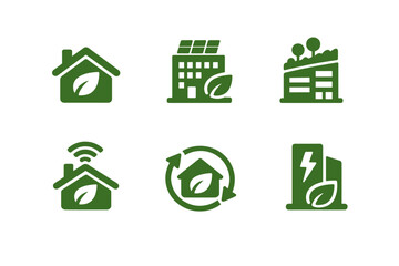 Green eco energy icon set featuring sustainable home, solar-powered building, smart house connectivity, circular recycling symbol, and electric power station