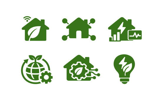 Green eco home energy icons set featuring sustainable house, smart connectivity, renewable power analytics, global recycling, efficiency gear, and lightbulb