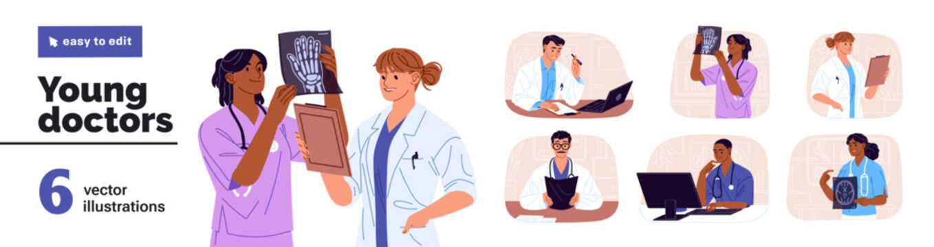 Set of young doctors. Medics look at X ray and MRI. Physicians in uniform work in clinic, hospital. Docs discuss, communicate. Medicine workers. Flat isolated vector illustration on white background