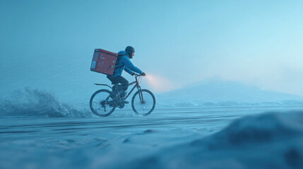 Fototapeta premium Delivery courier riding a bicycle through a snowstorm on an icy road during extreme winter conditions