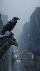 Fototapeta premium Mysterious Raven on Gargoyle in Rainy Cityscape. Concept featuring raven, gargoyle, rain, urban, cityscape.
