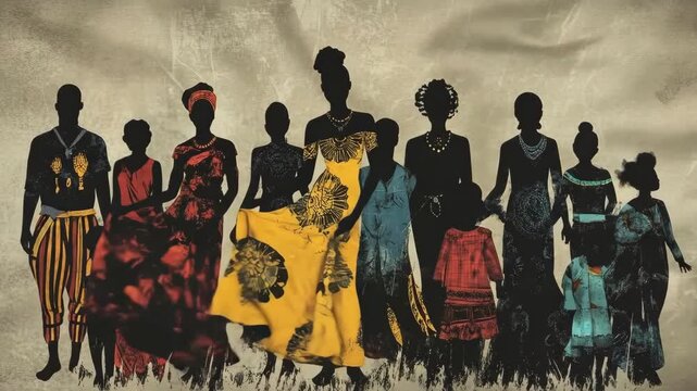 Silhouette art of african men women in colorful traditional attire celebrating cultural diversity