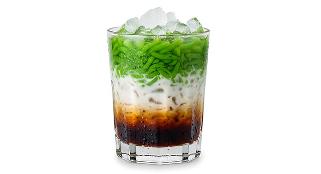 Es cendol in clear glass showing layers clearly, side view with condensation detail, isolated on white background