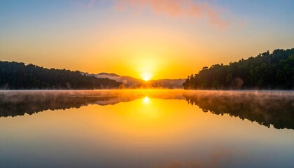 Obraz premium Golden sunrise paints a serene lake, reflecting trees and sky, mist rising