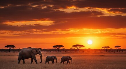 Fototapeta premium Elephant family walking together in savannah during vibrant sunset