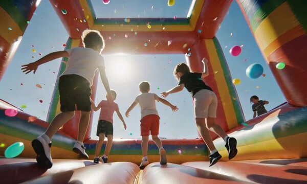 Joyful Kids Bouncing in a Colorful Inflatable Castle on a Sunny Day