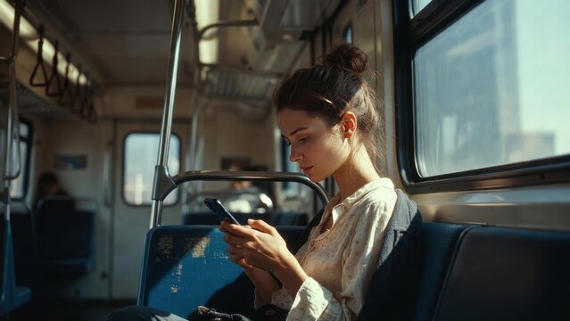 Young caucasian female engrossed in phone on train in daylight